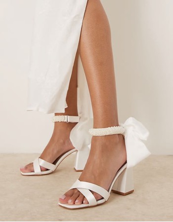 Bridal Carmen block heeled sandals with embellished ribbon tie in ivory satin