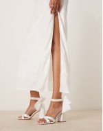 Bridal Carmen block heeled sandals with embellished ribbon tie in ivory satin