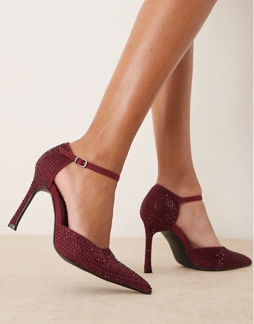 pointed high heeled court shoes in berry embellished