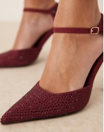 pointed high heeled court shoes in berry embellished