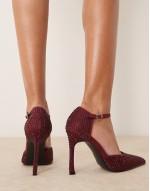pointed high heeled court shoes in berry embellished