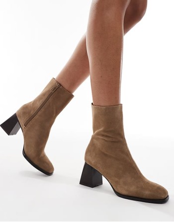 heeled leather ankle boot in tan suede