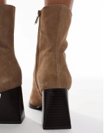 heeled leather ankle boot in tan suede