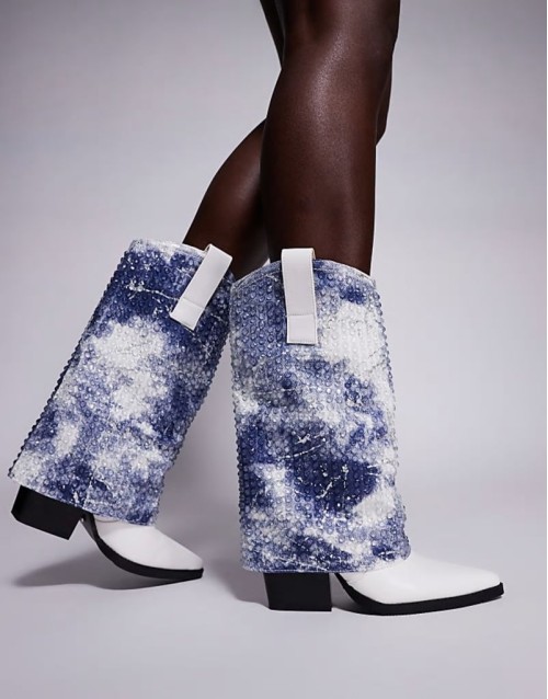 Hartley embellished foldover western boots in white