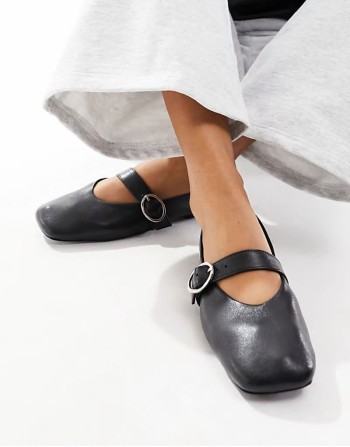 Wide Fit Luxe Premium Leather Mary Jane ballet in Black