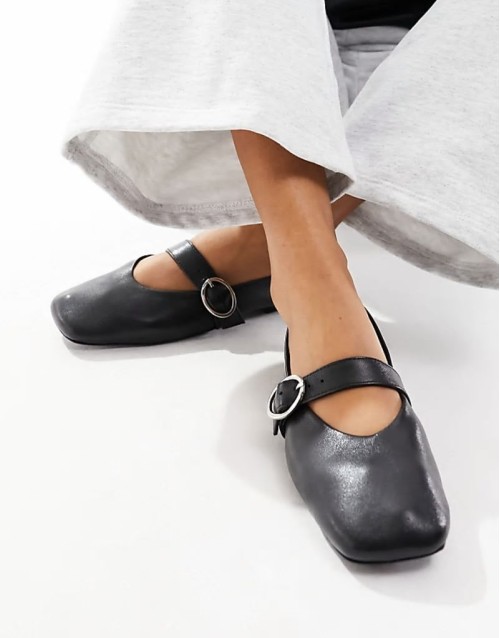 Wide Fit Luxe Premium Leather Mary Jane ballet in Black