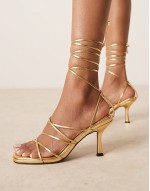 Hoola strappy tie leg mid heeled sandals in gold
